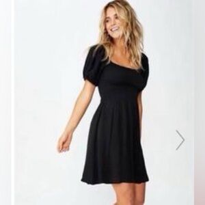 As U Wish Puff Sleeve Mini Dress Scoop Neck in Black Womens L milkmaid
